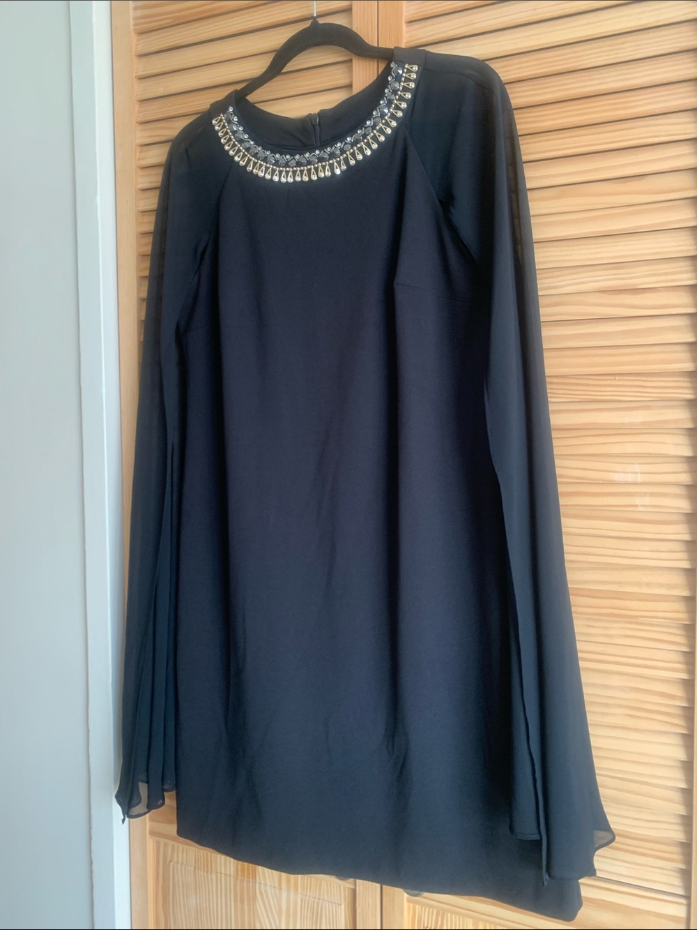 SD Collection Black Long-Sleeve Cape Dress with Jeweled Neckline